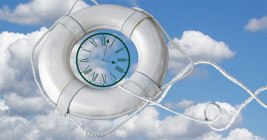 Saving time is an essential life hack for caregivers. A life-saving tube is being thrown in the air with a clock in the center.