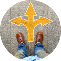 A person with dirty blue jeans stands above a yellow arrow, point straight ahead, to the left and the right, representing the decisions about work, accommodations, leave, disability and retirement.