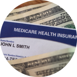 A Medicare Health Insurance card sits on top several dollar bills, representing the medicare: an in depth look webinar