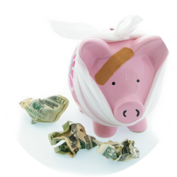 A pink piggy bank is wearing medical ribbon and a band aid, with crumpled money surrounding it.