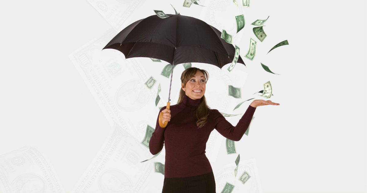 A woman holds up an umbrella and money is falling from the sky, representing the protections of the Consumer Financial Protection Bureau.