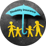 A yellow paper family stands under a blue umbrella that says "Disability Insurance"