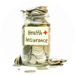 A jar of coins sit with a sticky note that says "Health Insurance"