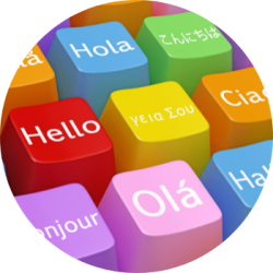 Keyboard keys in bright colors with the word Hello in different languages