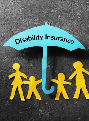 Paper people stand under an umbrella with the words disability insurance on it.