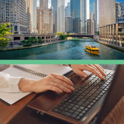 A picture of the river in Chicago with skyscrapers in the background, and a picture directly below that with a woman typing on a laptop.