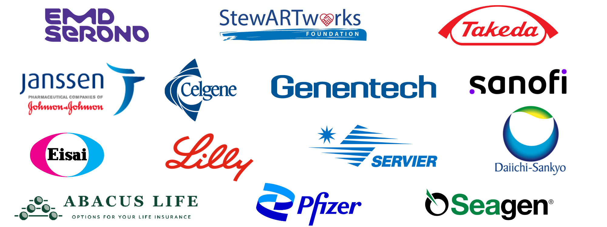 CancerFinances.org sponsors (logos): EMD Serono, StewARTWorks, Takeda, Janssen, Celgene, Genentech, Sanofi, Eisai, Lilly, Servier, Daiichi-Sankyo, Abacus Life, Pfizer, Seagen