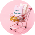 A shopping cart with a bag in it labeled "health insurance"