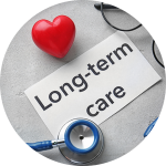 the words "long-term care" on a white sheet of paper, which a red heart and stethoscope next to it