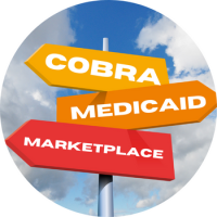 A directional sign with different signs pointing to COBRA, Medicaid, and the Marketplace