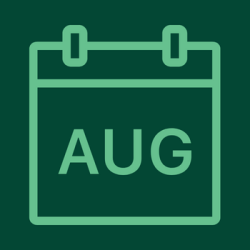 A dark green background with a light green outline of a calendar with the abbreviation "AUG" for August.