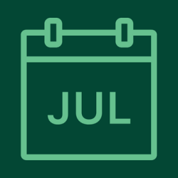 A dark green background with a light green outline of a calendar with the abbreviation "Jul" for July.