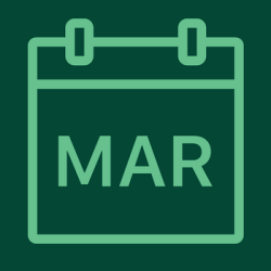A dark green background with a light green outline of a calendar with the abbreviation "Mar" for March.
