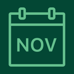 A dark green background with a light green outline of a calendar with the abbreviation "NOV" for November.
