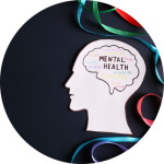 Colorful ribbons circle a silhouette of a head and brain, with the words "Mental Health" written in the middle.