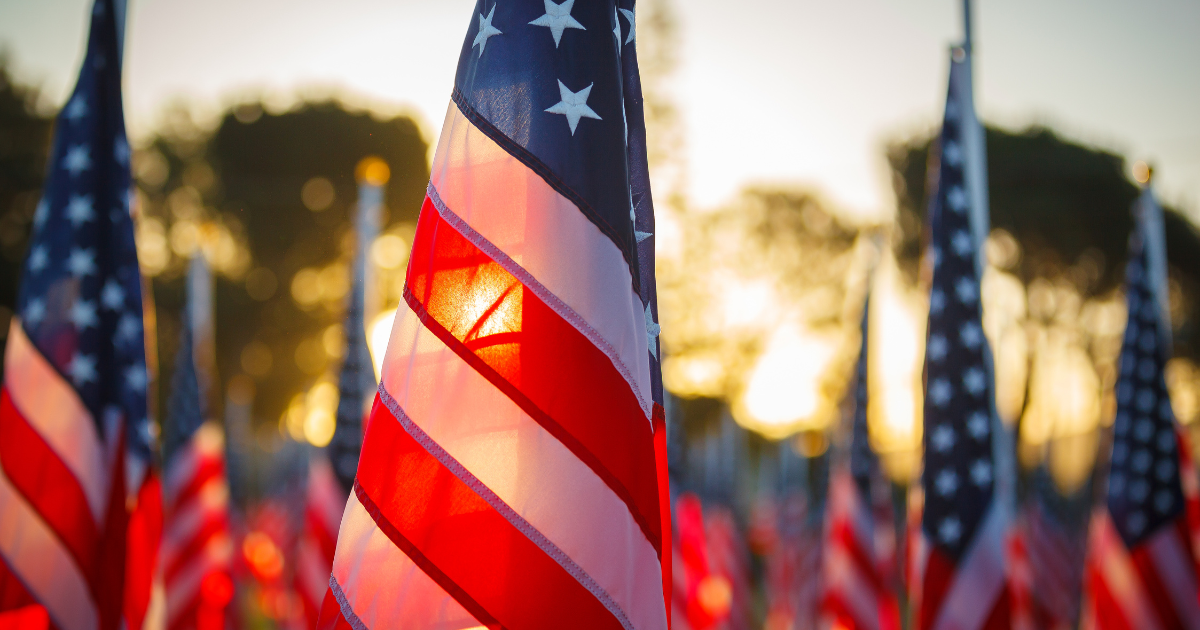 A series of American flags with the sunset behind them.