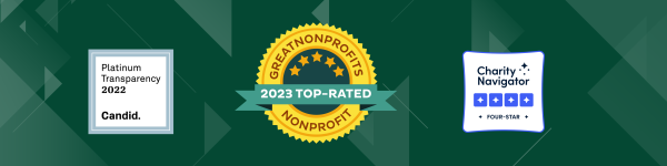 Logos representing Triage Cancer's awards in Candid's 2022 Platinum Transparency, Greaton Profit's 2023 Top Rated Nonprofits, Charity Navigator Four Stars