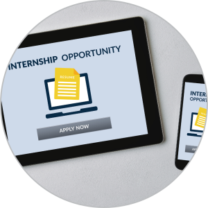 A tablet screen displays the words "Internship opportunity"