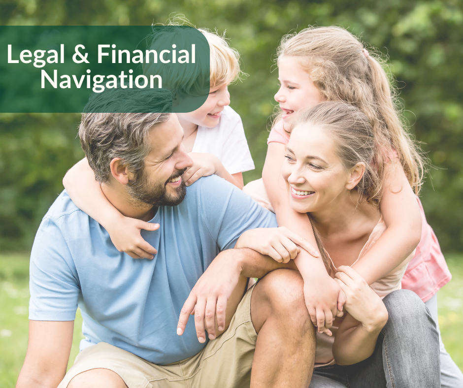 A smiling family of four outdoors, with two children hugging their parents, next to the text “Legal & Financial Navigation."