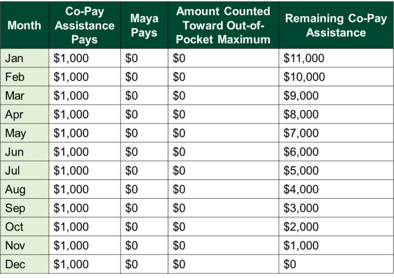 Table showing monthly co-pay assistance of $1,000 from January to December, with Maya paying $0 each month. None of the assistance counts toward the out-of-pocket maximum, and remaining assistance decreases from $11,000 in January to $0 in December.