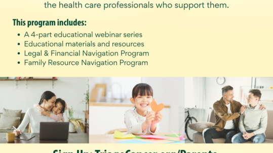 Promotional graphic for Beyond Diagnosis: Empowering Parents Navigating Metastatic Cancer, a free program featuring webinars, resources, and navigation support for parents with metastatic cancer. Includes family images and Triage Cancer and Bright Spot Network logos.