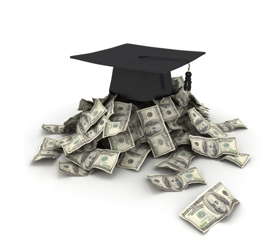 grad cap on top of a pile of money